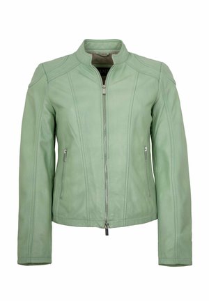 Light green fitted leather jacket with front zipper, two zippered side pockets, and a short stand-up collar.