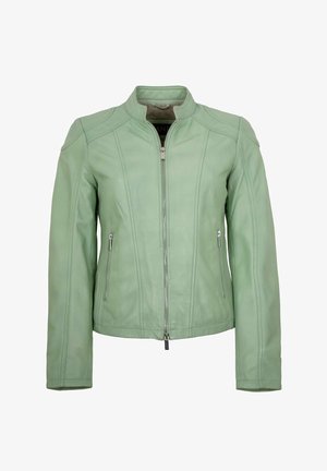 Hellgrüne taillierte Lederjacke mit durchgehendem Reißverschluss, zwei seitlichen Reißverschlusstaschen und kurzem Stehkragen.