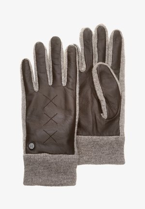 Braune Lederhandschuhe mit grauen Strickbündchen, die ein X-Stich-Design auf der Handfläche und einen metallischen Akzentknopf am Handgelenk aufweisen.