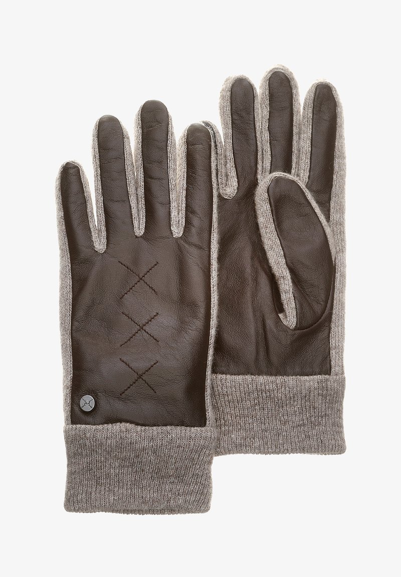 Hnědé kožené rukavice s šedými pletenými manžetami, obsahující X-stehový design na dlaních a kovový akcent na zápěstí.