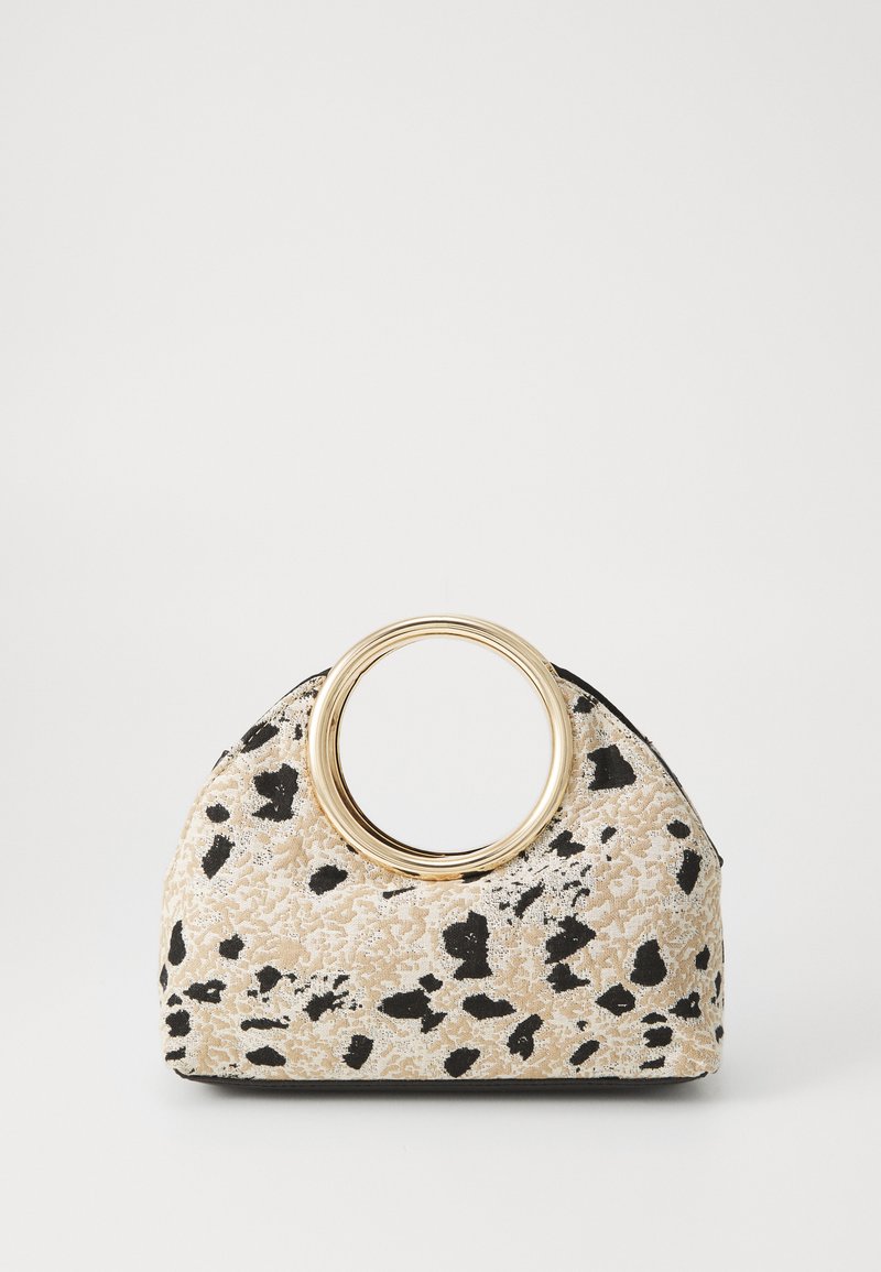 Beige and black spotted handbag with a textured fabric, rounded gold-tone ring handle, and a structured, curved shape.