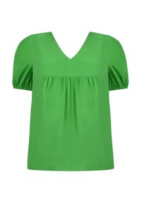 Blusa verde a maniche corte con scollatura a V, dettagli arricciati sotto il busto e tessuto liscio e leggero. Design semplice e moderno.
