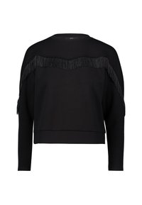 Černá mikina s krátkým střihem, zdobená třásněmi podél výstřihu a ramen. Vyrobena z měkké látky s dlouhými rukávy.