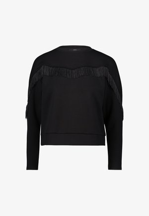 Felpa nera con design accorciato, caratterizzata da dettagli in frange lungo il colletto e le spalle. Realizzata in tessuto morbido con maniche lunghe.