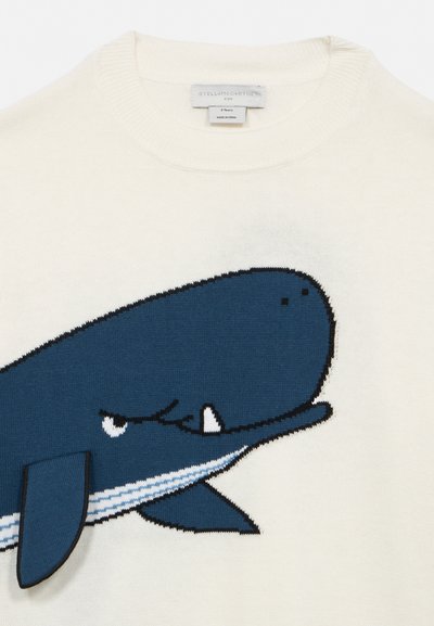 Pull blanc pour enfants avec une grande illustration de baleine bleue sur le devant et un col rond.