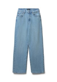 Jeans a gamba larga in denim blu chiaro, dotati di quattro tasche e chiusura con bottone. Presentano una texture leggermente sbiadita e un fit dritto e morbido.