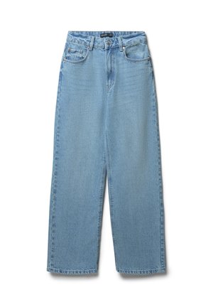 Jean large bleu clair en denim avec quatre poches et une fermeture à bouton. Affiche une texture légèrement délavée et une coupe droite et ample.
