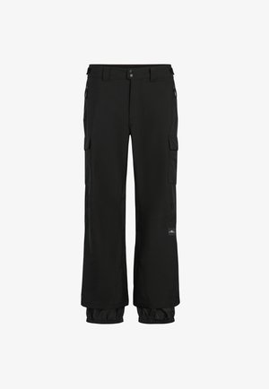 Svart cargo-bukser med løs passform, laget av slitesterk stoff. Funksjoner inkluderer glidelåslommer, elastiske mansjetter, og et logo-merke.