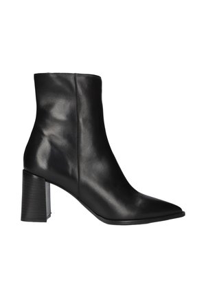 Black leather ankle boot with a pointed toe and a thick block heel, shown from the side on a white background.