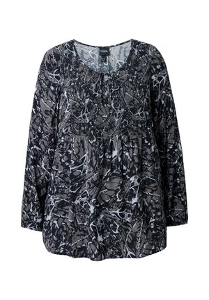 Hedvábná blůza s dlouhým rukávem v černé a šedé barvě s vzorem, kulatým výstřihem a nabíraným tělem. Obsahuje zavazování u výstřihu a elastické manžety.