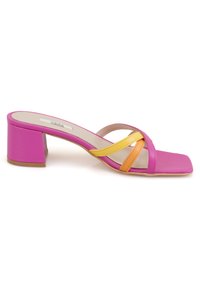 Pink open-toe heeled sandal with a square toe, featuring crisscross straps in orange and yellow. Block heel with a smooth finish.