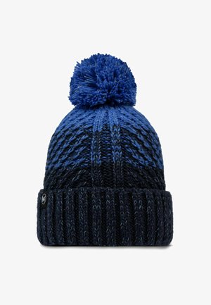 Knitted blue beanie with a pom-pom on top, featuring a gradient design from dark blue to lighter blue, and a ribbed navy cuff.