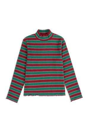 Langärmliges Rollkragen-T-Shirt aus geripptem Stoff mit abwechselnden grünen und roten Streifen, mit gewelltem Saum und Stickerei am Ärmel.