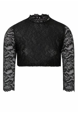 Schwarzes, kurzes Spitzenoberteil mit langen Ärmeln, hohem Kragen, floralem Muster, gewellten Kanten und durchscheinendem Material.