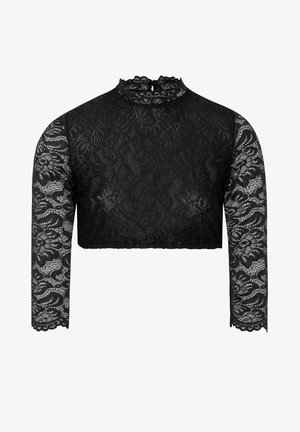 Schwarzes, kurzes Spitzenoberteil mit langen Ärmeln, hohem Kragen, floralem Muster, gewellten Kanten und durchscheinendem Material.