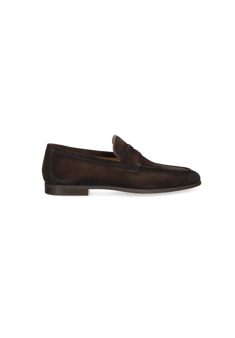 Dark brown suede slip-on loafers with a smooth texture, rounded toe, decorative seam, and a low-profile rubber sole.