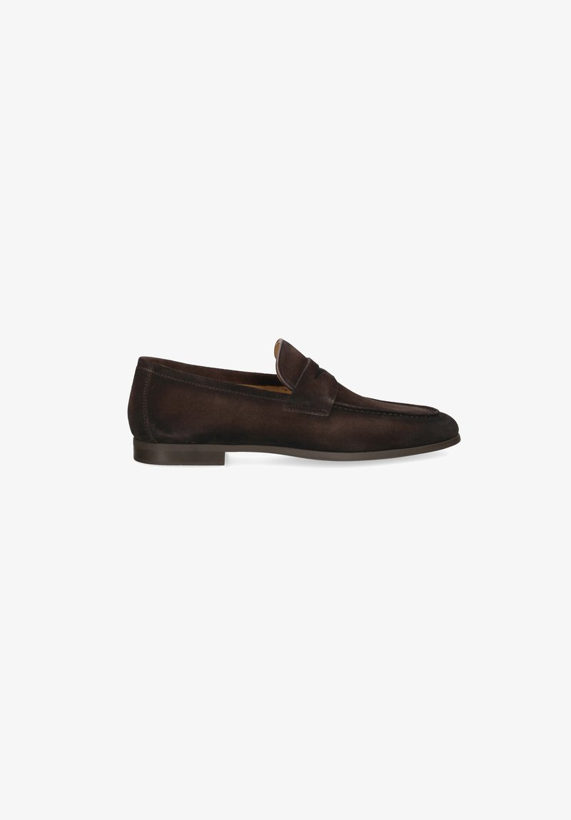 Dark brown suede slip-on loafers with a smooth texture, rounded toe, decorative seam, and a low-profile rubber sole.