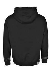 Svart huvtröja med rundad huva, ribbade cuffs och fåll. Har två horisontella grå ränder på varje ärm. Mjuk tygtextur.