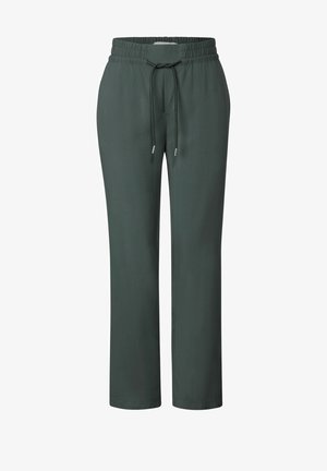 Pantalons de survêtement en vert foncé, en tissu lisse. Présentent une taille élastique avec un cordon de serrage et des accents en métal argenté. Design à jambes droites.