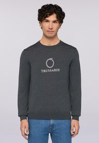 Grauer Strickpullover mit Rundhalsausschnitt und gerippten Bündchen, mit einem kontrastierenden Logo "TRUSSARDI" auf der Vorderseite.