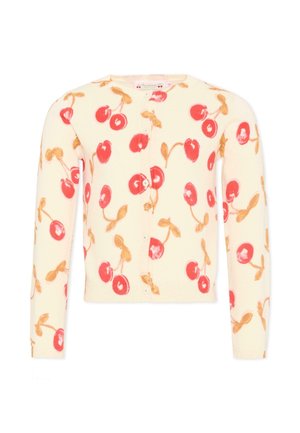 Cardigan color crema con bottoni, con motivi di ciliegie rosse e foglie marrone chiaro, maniche lunghe e scollo rotondo.