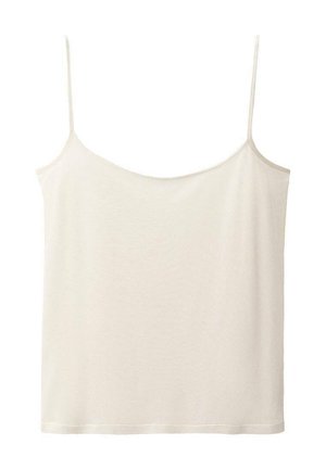 Lichtbeige camisole met dunne verstelbare bandjes, een ronde hals en een rechte zoom, gemaakt van zachte, lichte stof met een gladde textuur.