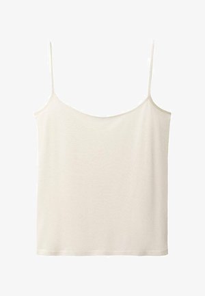 Jasnobeżowa bluzka na ramiączkach z cienkimi regulowanymi paskami, okrągłym dekoltem i prostym wykończeniem, wykonana z miękkiego, lekkiego materiału o gładkiej fakturze.