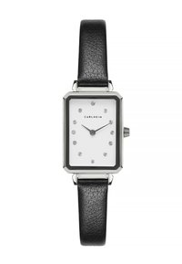 Reloj cuadrado con una esfera blanca, acentos en negro y doce marcadores de cristal. Cuenta con una correa de cuero negro texturizado y herrajes en plata.