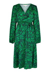 Robe enveloppante verte avec un motif ondulé noir et vert, manches longues, taille froncée et jupe fluide. Tissu lisse et léger.