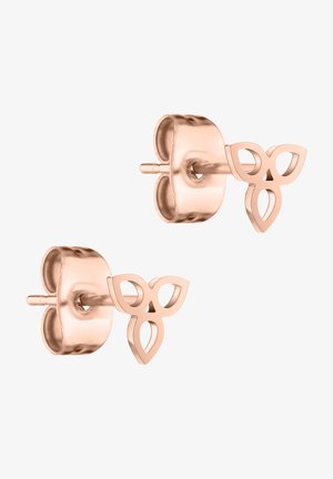 Rosen-guld stud øreringe med et blomsterdesign, der har tre petalformede åbninger, glat polerede overflader og en sikker postlukning.
