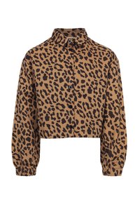 Ingekorte blouse in tan stof met een zwart luipaardpatroon. Lange mouwen met elastische manchetten en een puntige kraag.