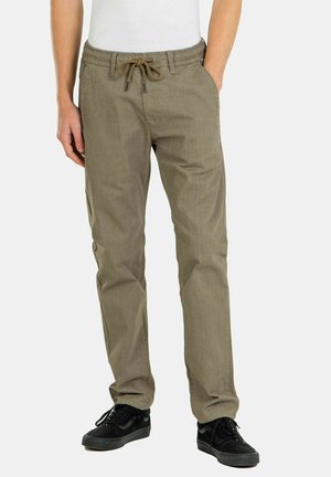 Helle khaki, gewebte Stoffhosen mit einem elastischen Bund und Kordelzug. Verfügt über Seitentaschen und ein gerades Bein-Design.