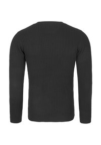 Czarny prążkowany sweter z długimi rękawami i okrągłym dekoltem. Charakteryzuje się teksturowaną tkaniną i dopasowanym krojem.