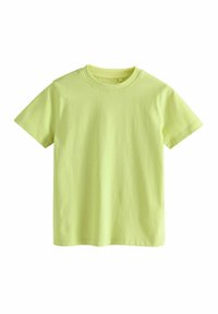 Krátky rukáv tričko v jasnej neonovej žltej farbe, vyrobené z mäkkej bavlnenej látky, s klasickým okrúhlym výstrihom a voľným strihom.