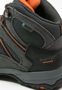 Schwarz-grauer Wanderschuh mit orangefarbenen Akzenten, aus Wildleder und Mesh-Materialien, wasserdichtem Etikett und einer strukturierten, unterstützenden Sohle.