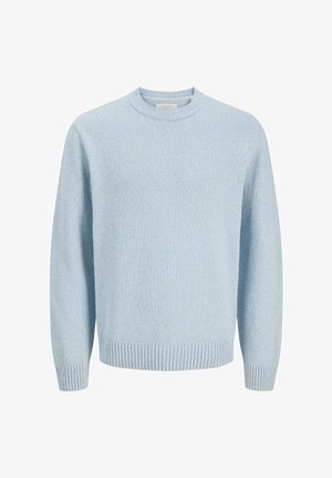 Pull en tricot bleu clair avec poignets, ourlet et encolure ras du cou côtelés, présenté sur un fond blanc.