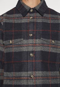 Navy and gray plaid flannel shirt with a relaxed collar, two chest pockets, and button closure; features brown buttons and orange accents.