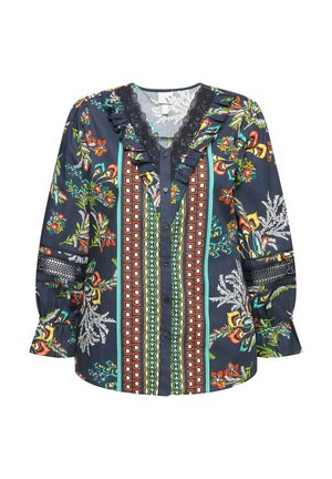 Blusa blu navy con motivi floreali, colori vivaci, scollatura arricciata, chiusura a bottoni e dettagli in pizzo intricati lungo il colletto.