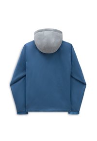 Blå yderjakke med en blød grå fleece-forside. Har lange ærmer og elastiske manchetter. Glat, let materiale.