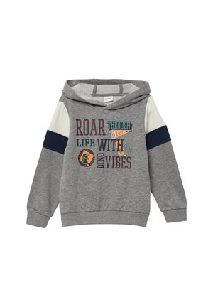 Grauer Kinder-Hoodie mit weißen und marineblauen Ärmeln, Dinosaurier-Grafik und dem Text "Roar through life with dino vibes" auf der Vorderseite.