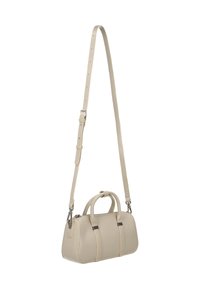 Beige Lederhandtasche mit klarer Form, zwei oberen Griffen, verstellbarem Schulterriemen und silbernen Metallakzenten.