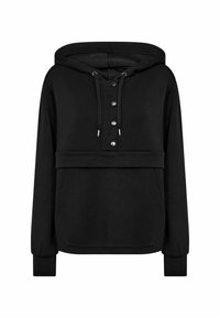 Sweatshirt à capuche noire en tissu doux. Avec patte de boutonnage, cordon de serrage et poche kangourou. Manches ajustées et ourlet court.