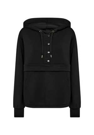 Svart huva sweatshirt i mjukt material. Har knappslå, dragsko och känguruficka. Fitted mudd och kortad nederkant.