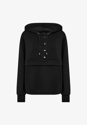 Schwarzer Kapuzenpullover aus weichem Stoff. Verfügt über eine Knopfleiste, Kordelzug und Kängurutasche. Enganliegende Bündchen und verkürzter Saum.