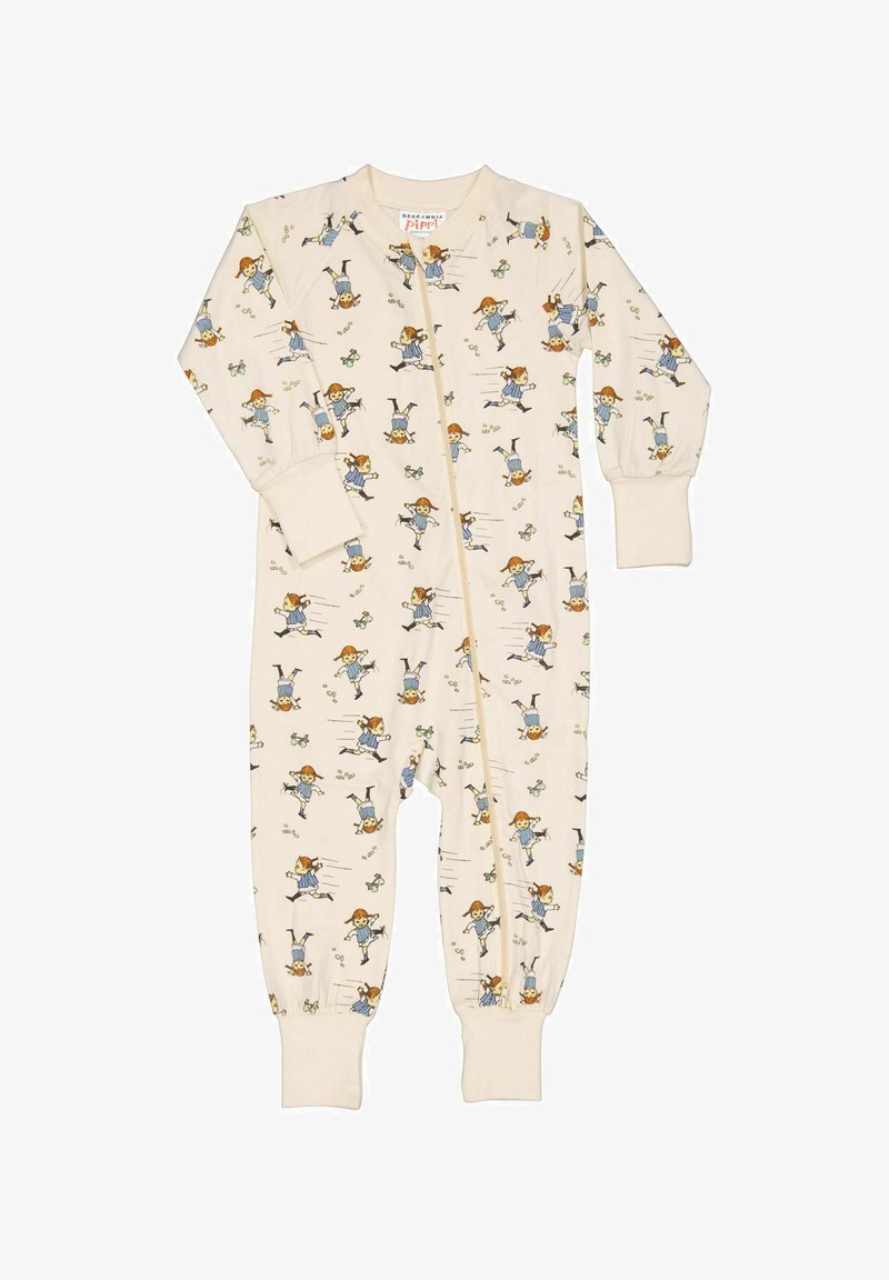 Grenouillère pour enfants de couleur crème avec fermeture éclair, ornée de personnages de dessins animés ludiques répétés portant des robes bleues et des cheveux rouges.