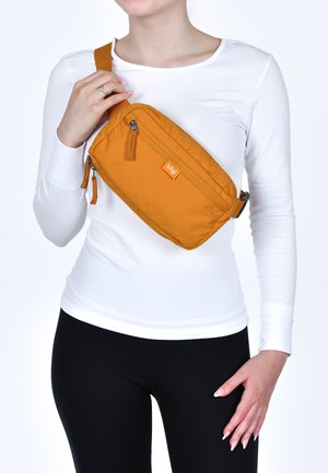 Orange fabric shoulder bag with a zippered pocket and adjustable strap, featuring a small logo tag and a smooth texture.