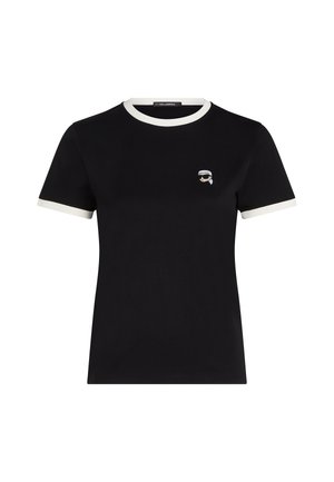Black short-sleeve T-shirt made of cotton, featuring a contrasting white ribbed neckline and a small embroidered design on the chest.