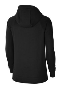 Haut à capuche noir avec une coupe décontractée, fabriqué en matériau doux. Il dispose d'une capuche avec cordon de serrage et de poignets et d'un ourlet côtelés pour une finition ajustée.
