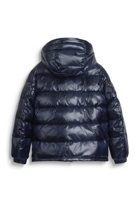 Giacca imbottita lucida blu navale con cappuccio e polsini elasticizzati, mostrata da dietro su uno sfondo bianco.