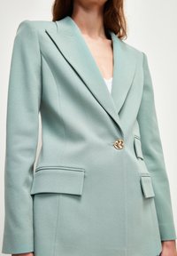 Svetle zelený přizpůsobený blazer z texturovaného materiálu, s jedním zlatým knoflíkem, ostrými klopami a dvěma předními kapsami.